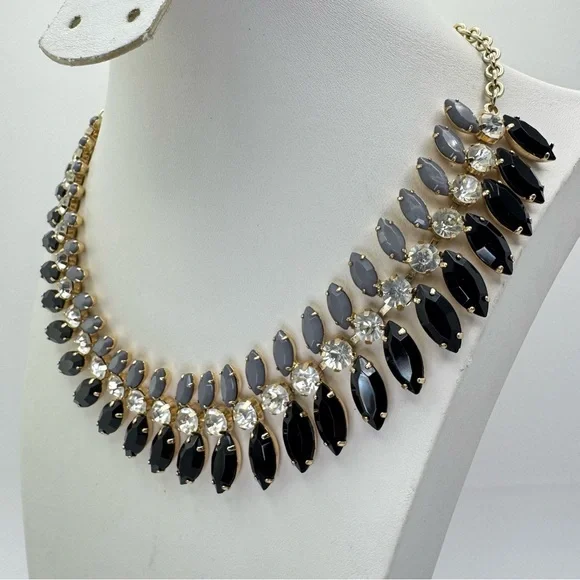 Premier Designs Crystal Statement Necklace Gold Tone Black Gray Bib - Picture 5 of 8